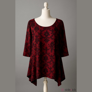 BloomChic Plus 22-24 Tunic Top Burgundy Red Black Floral Damask Knit 3/4 Sleeves